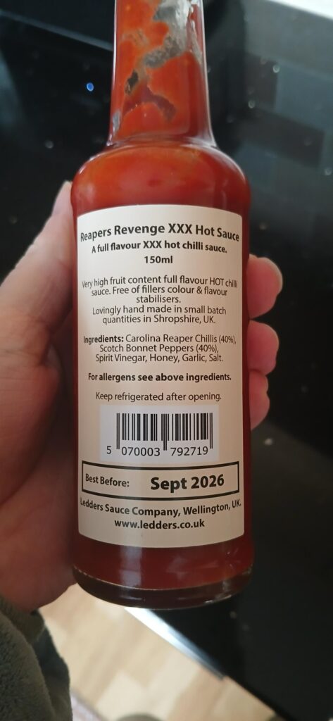 Reaper's Revenge! 40% Carolina Reaper, 40% Scotch Bonnet... thankfully the flavour of the Scotch Bonnet completely overpowers the flavour of the Reaper! Very hot, very tasty!