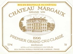 The label of Chateau Margot 1996 vintage. The phrase "mis en bouteille a château" is seen above.