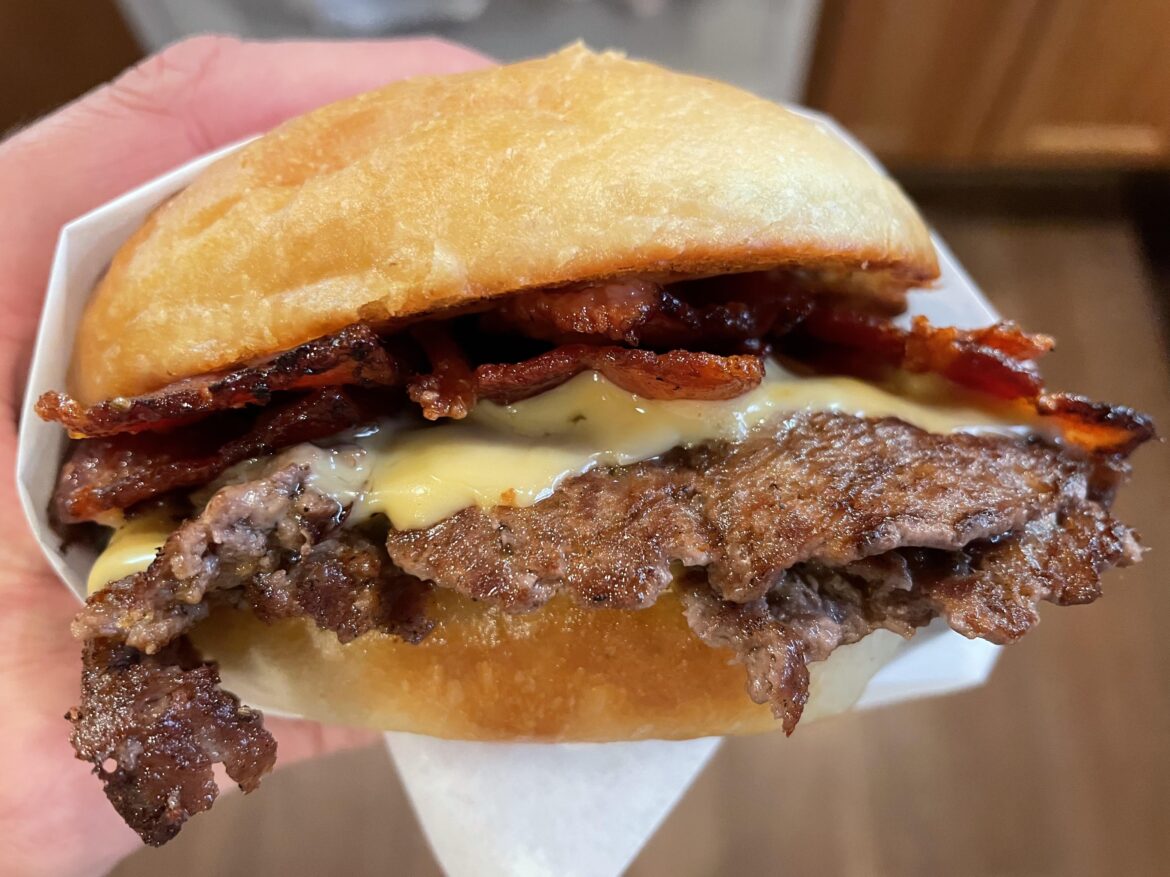 Bacon double smash, home baked bun