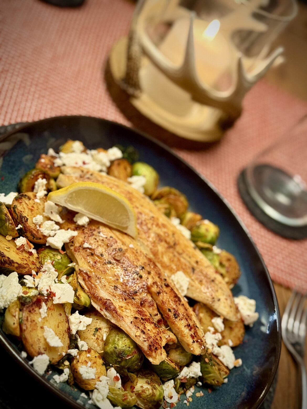 [Homemade] Harissa Sea Bass, Potatoes & Sprouts with Feta, Lemon & Chilli