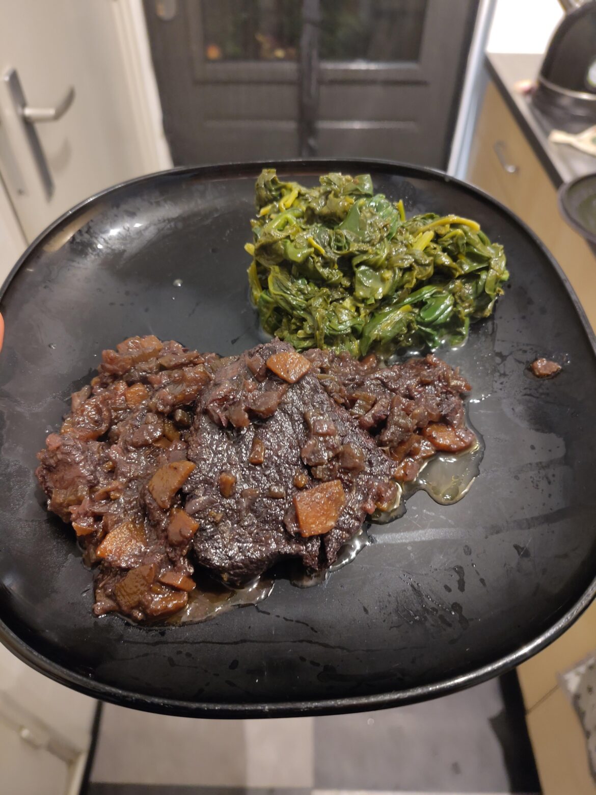 Beef stew and sautéed spinach