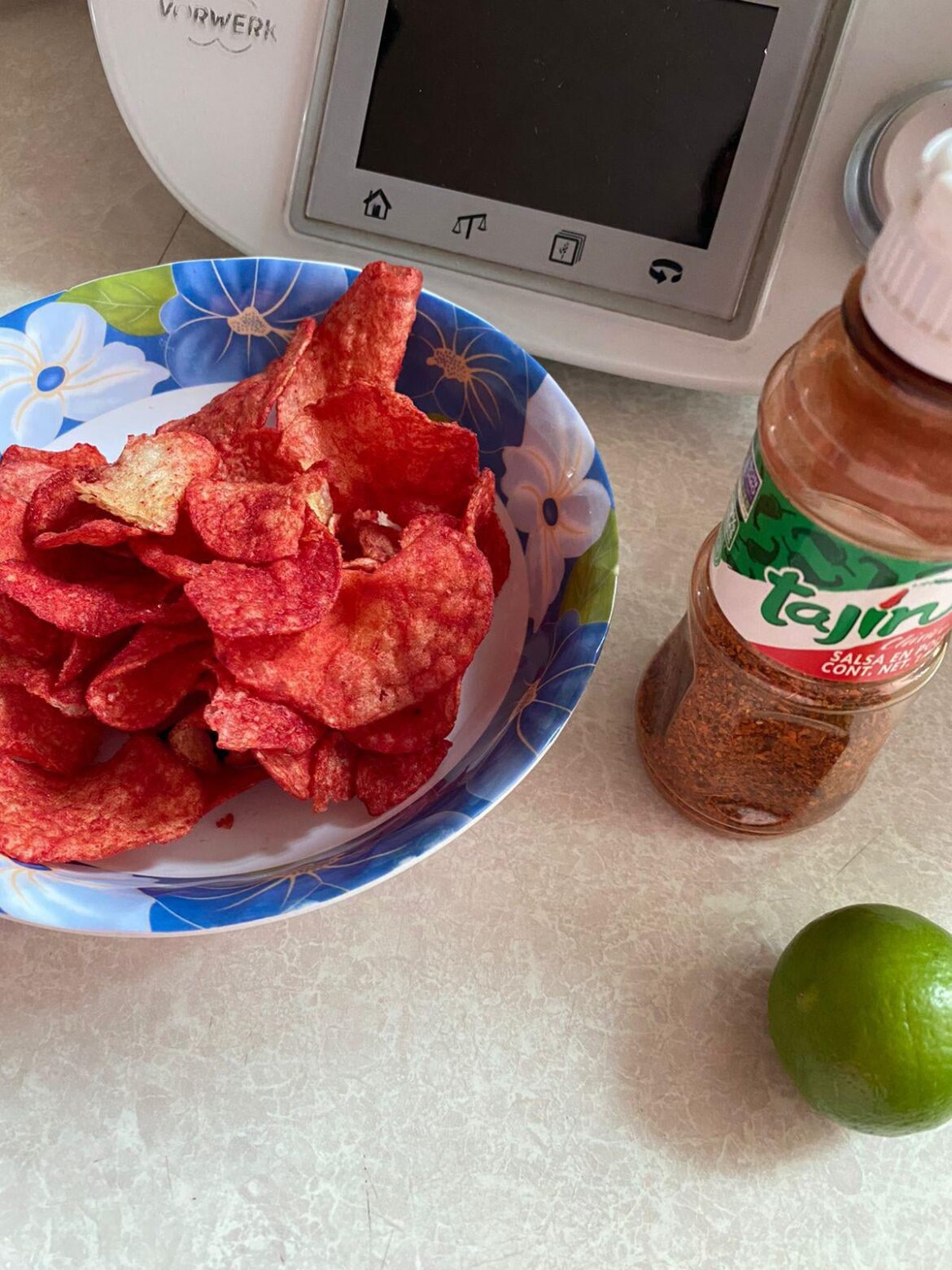 Flaming hot chips, tajin chilli and lemon juice 😳