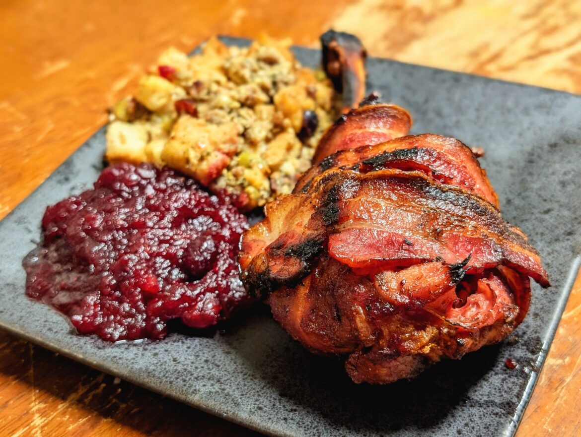 Started October with a little Canadian Thanksgiving trial run. Turkey leg brushed with melted cran sauce, wrapped in bacon, and smoked/char grilled. Paired with homemade stuffing and more cranberries.