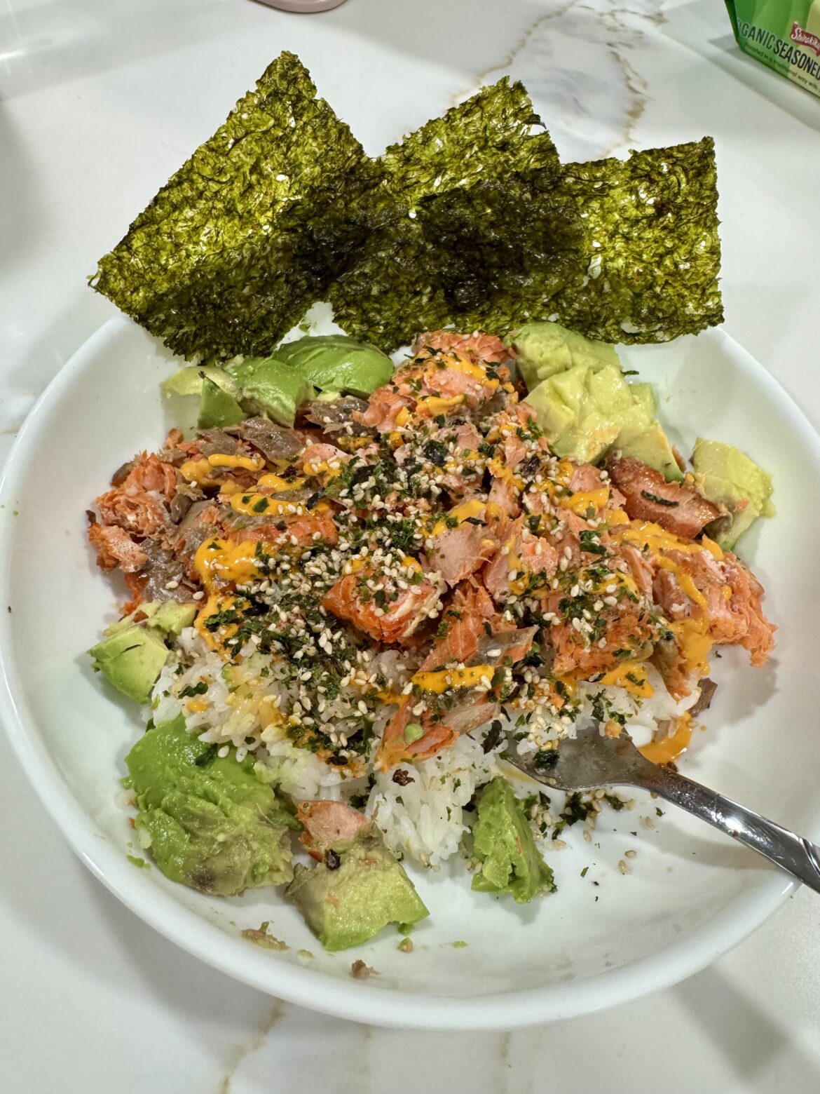 Salmon rice with avocado and nori