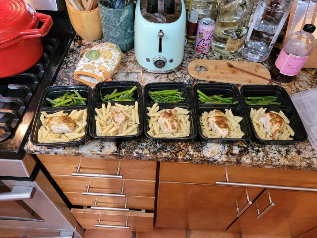 First time doing meal prep, trying to lose some weight. Ranch chicken with pasta, and steakhouse pork chops with mashed potatoes, both with roast green beans and asparagus. Im very excited to not need to cook this week.