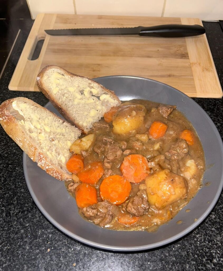 Beef stew and sourdough bread. All [homemade].