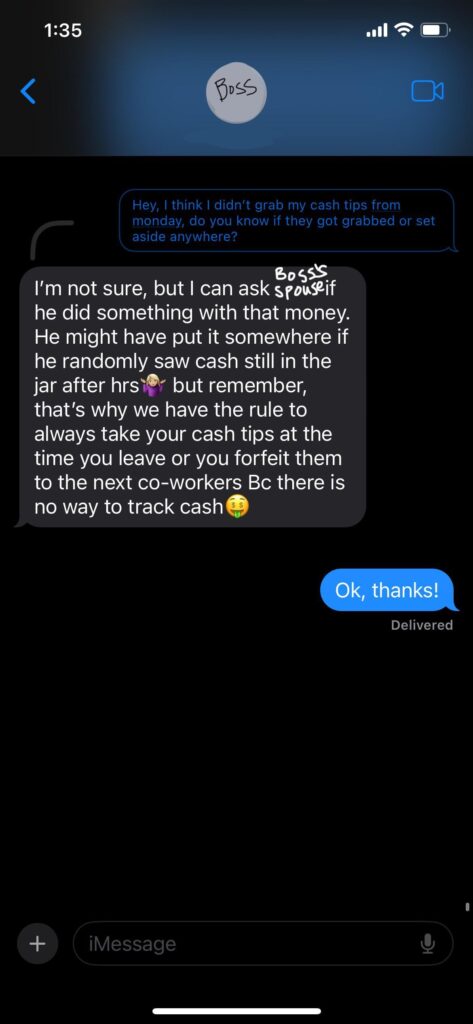 Cash tips missing after shift from hell