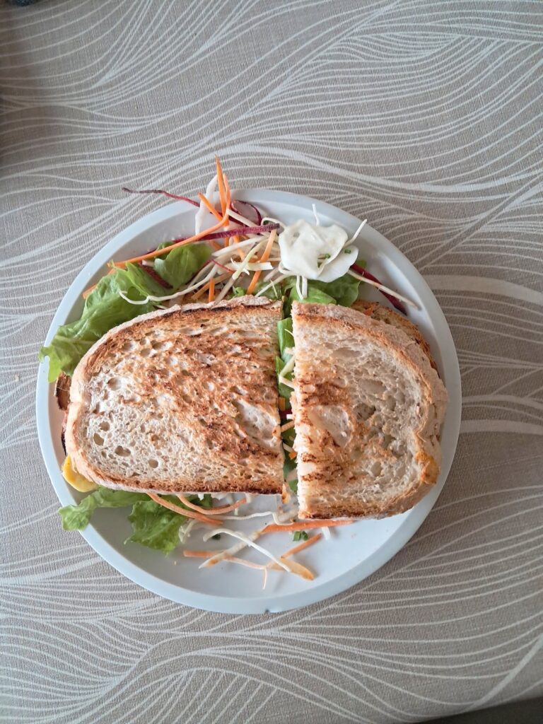 Egg, cheese, veggie and chicken sandwich. ±388 calories with normal bread