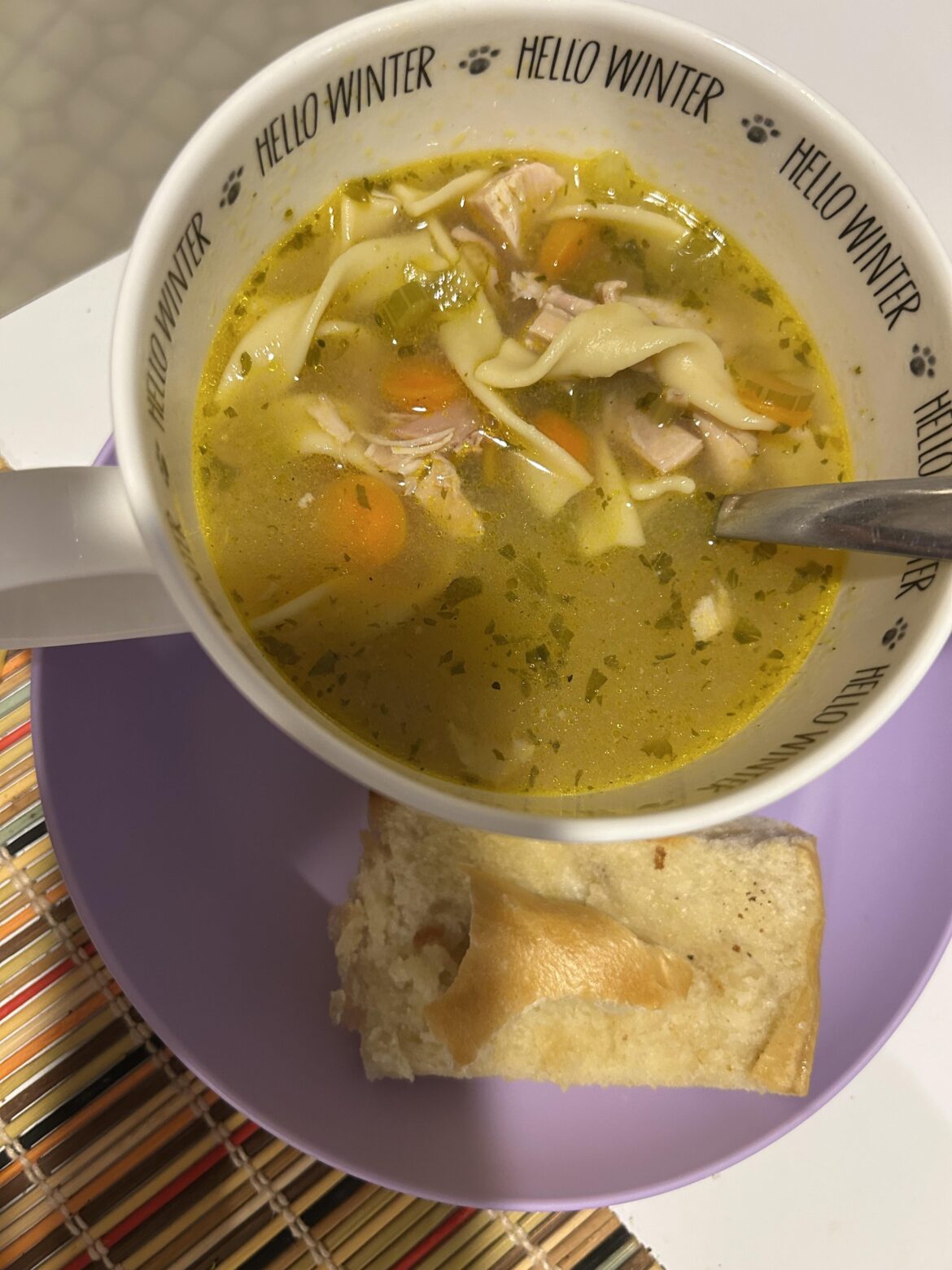 Homemade chicken noodle soup cooked in the crockpot all day long. Used a lemon-pepper rotisserie chicken. 🍗 😋