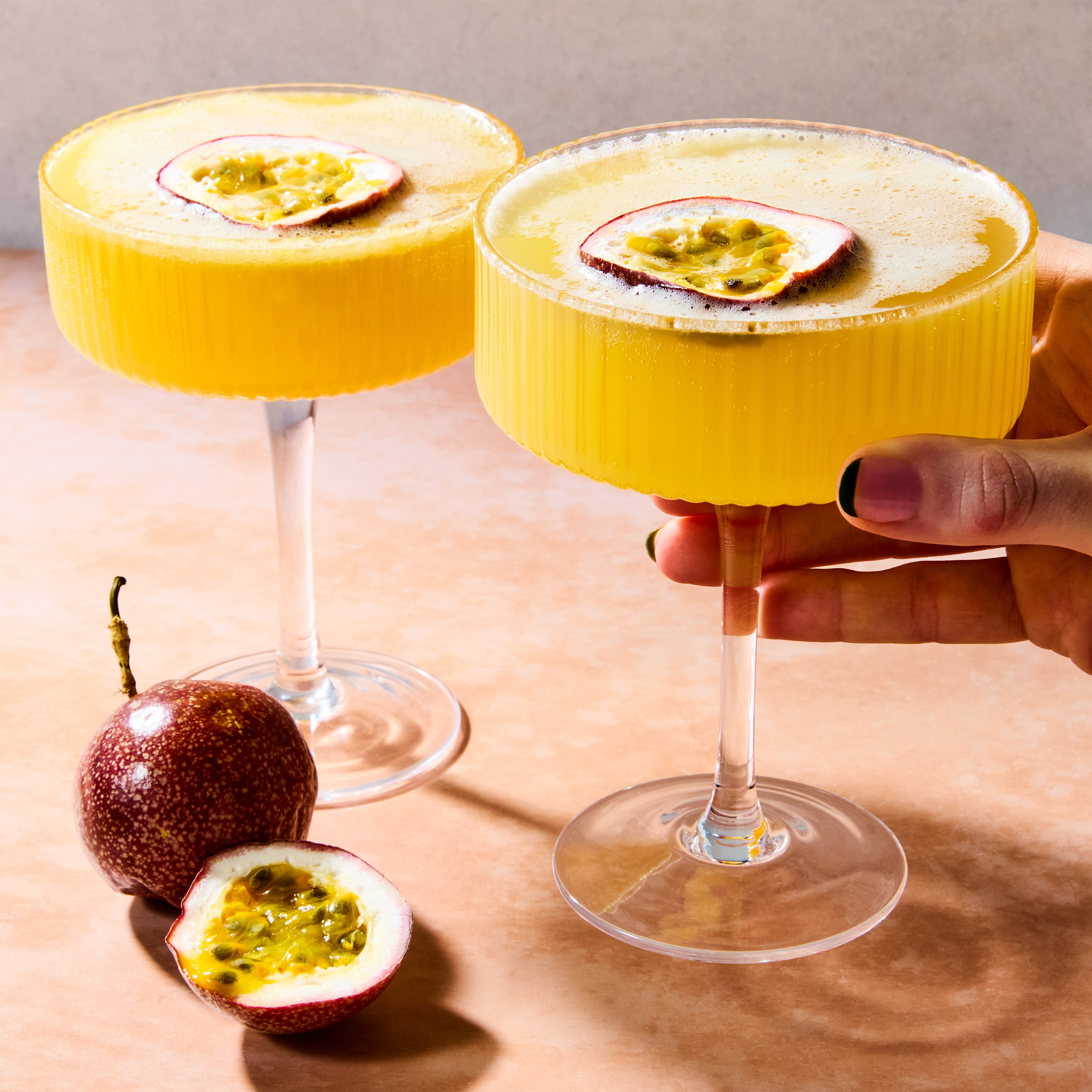 passionfruit mocktail topped with passionfruit half