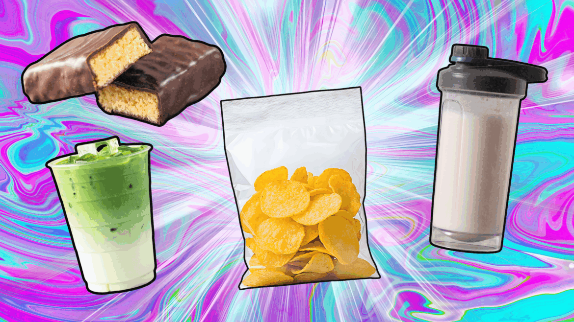 protein chips, shake, latte, protein bar protein craze concept