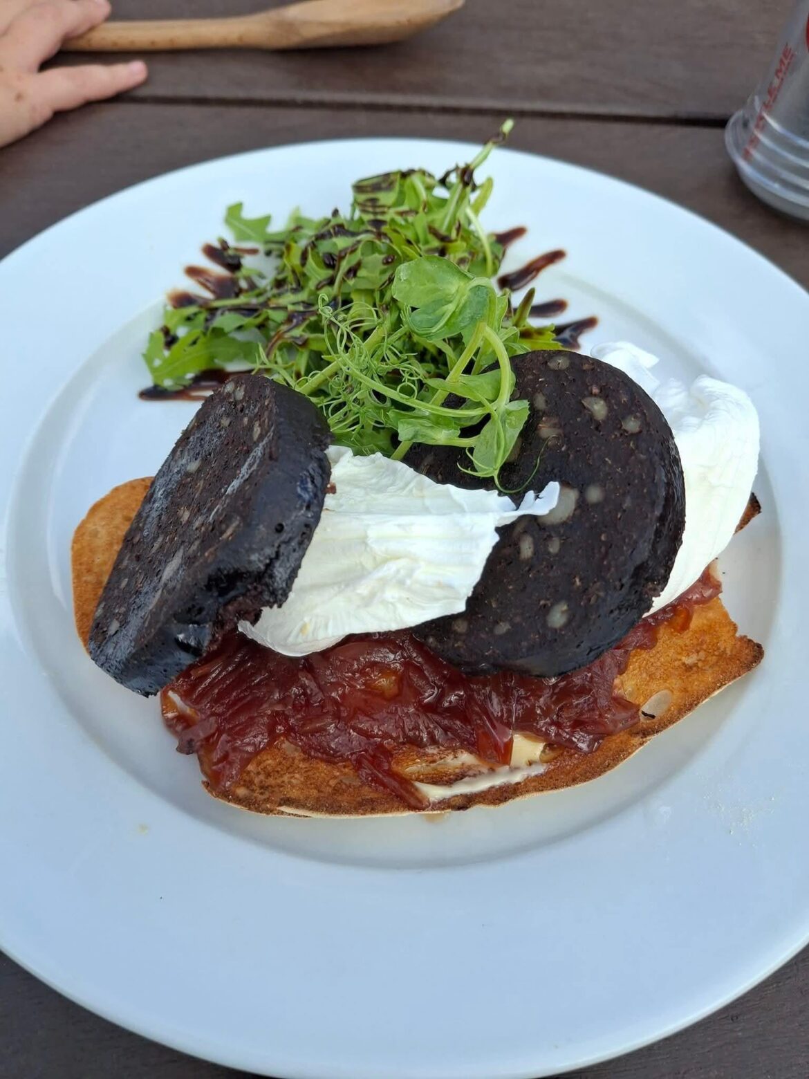 Black pudding, goats cheese, chilli jam on toasted bread