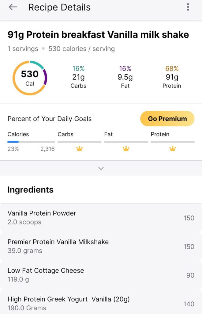 91 g protein breakfast vanilla milkshake