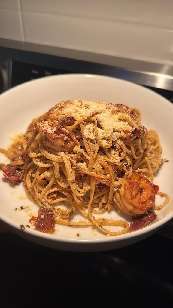 Garlic shrimp basil oregano pesto pasta