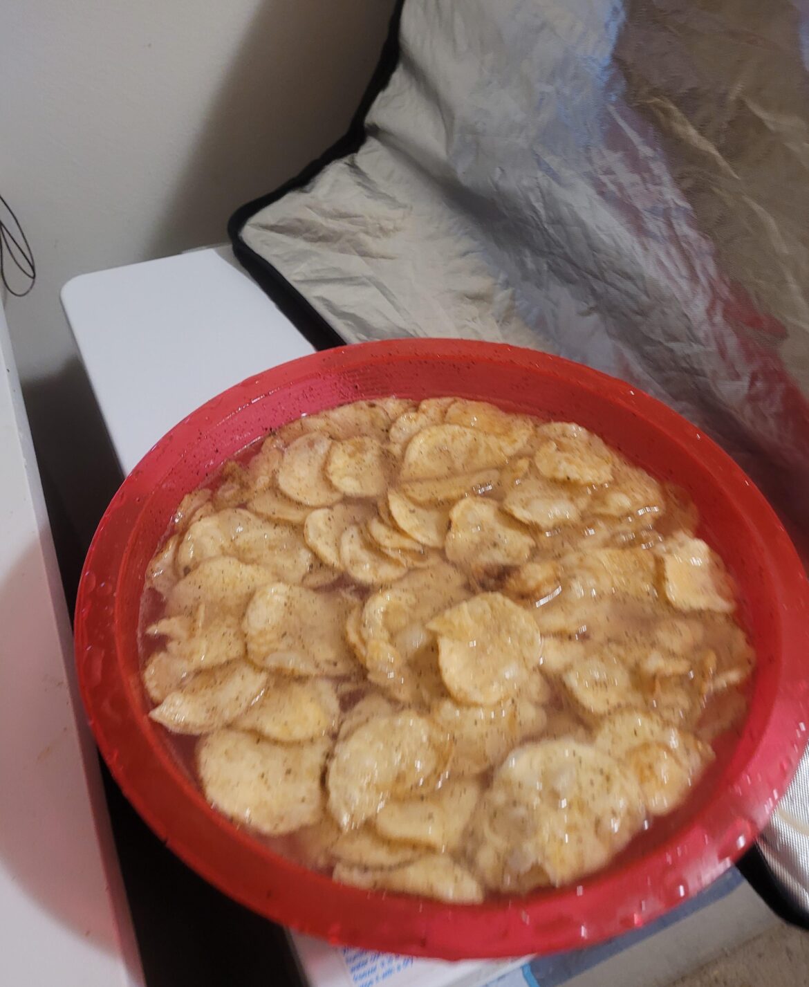 My roommate just washed a bowl of chips because they had too much pepper and now he is air frying them...
