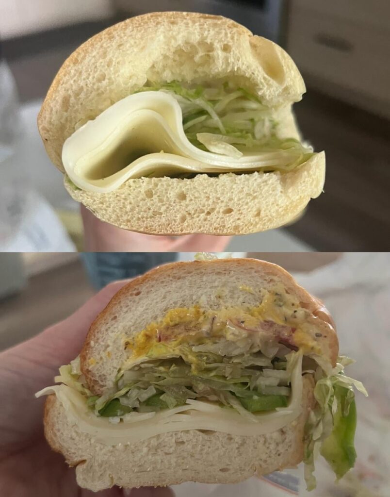 My veggie sandwich from Jimmy John’s (top) vs my veggie sandwich from Jersey Mike’s (bottom)