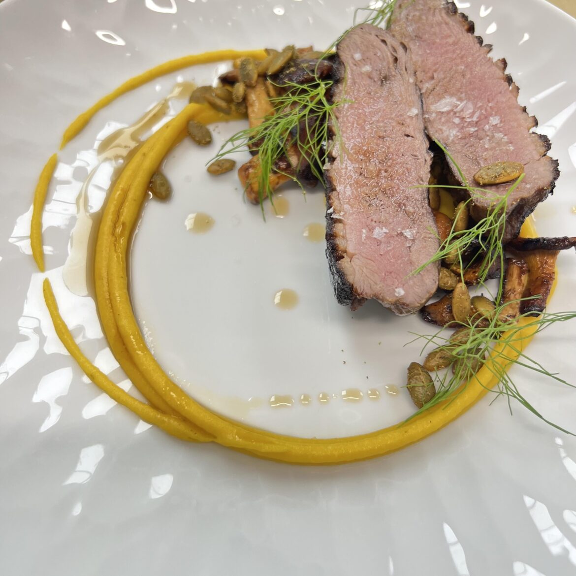 Koji aged duck, roasted chanterelle mushrooms, pumpkin seed dukkah, honey nut squash puree, maple-cider gastrique