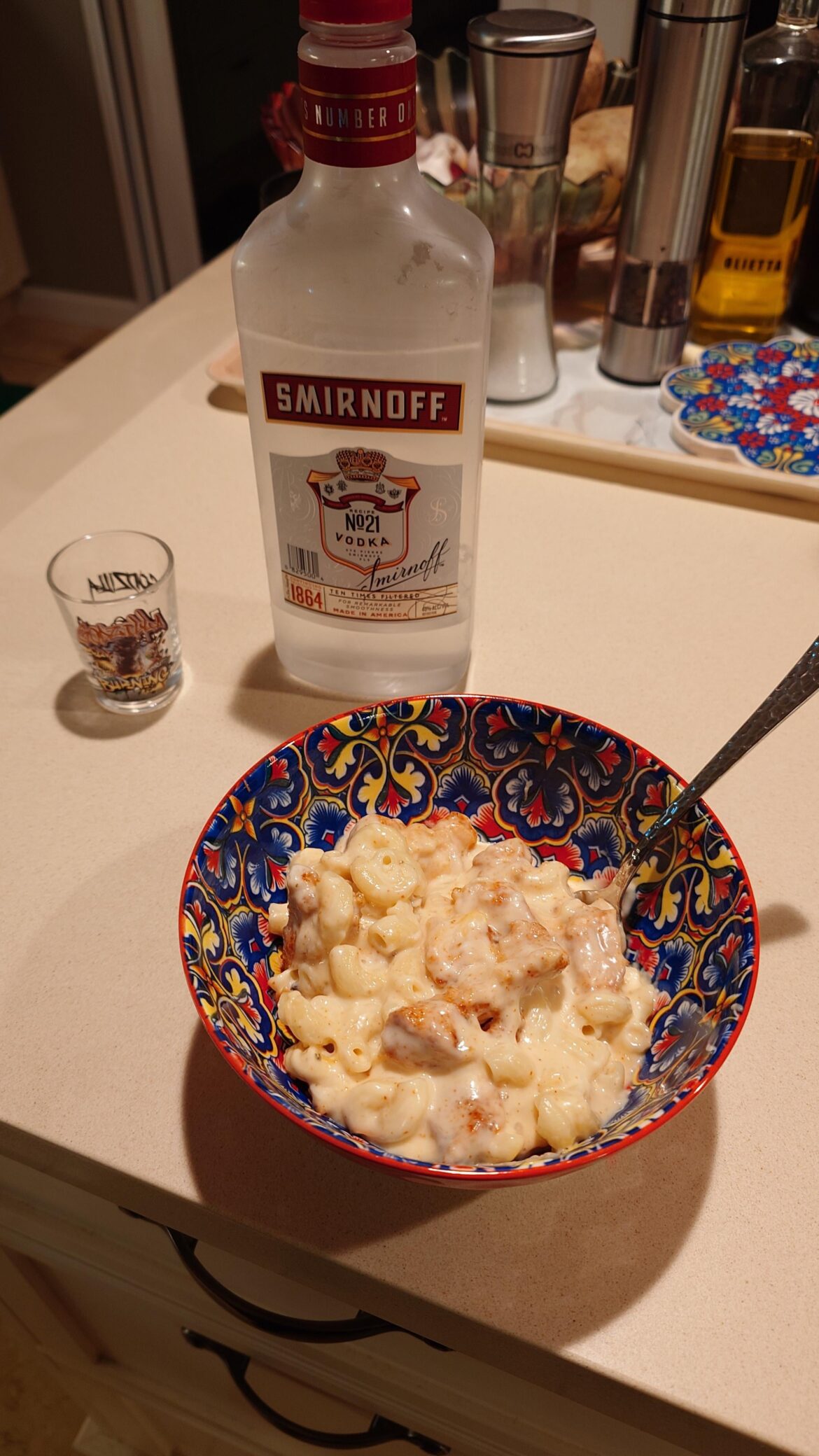 Chicken Macaroni & Cheese, friend's unwanted Smirnoff