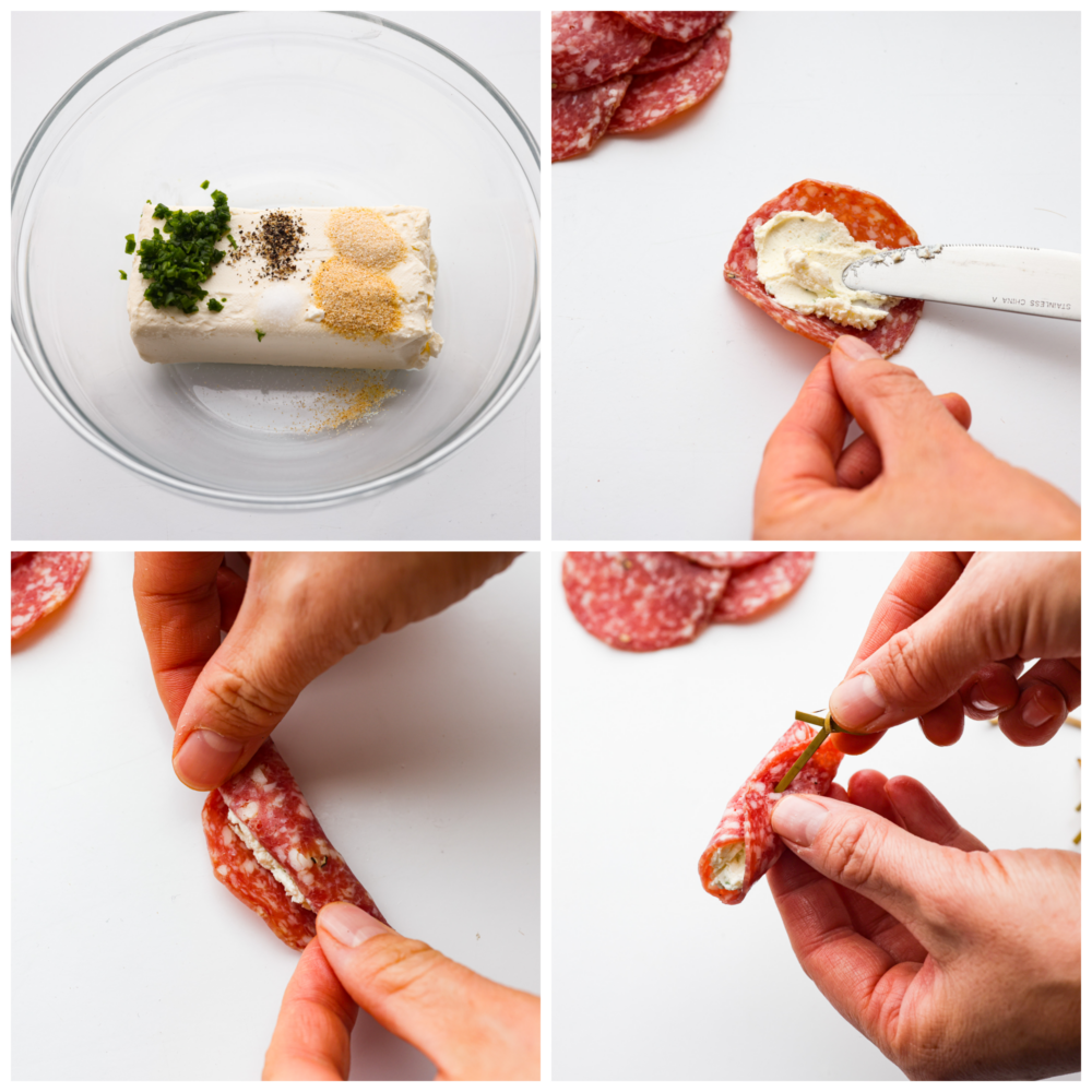 If you are looking for the perfect snack or appetizer, salami roll ups are your new best friend! Salami is wrapped around seasoned cream cheese for the perfect savory bite every time. Process photos showing making the cream cheese filling, spreading it on the salami, rolling it up, and putting the toothpick in.