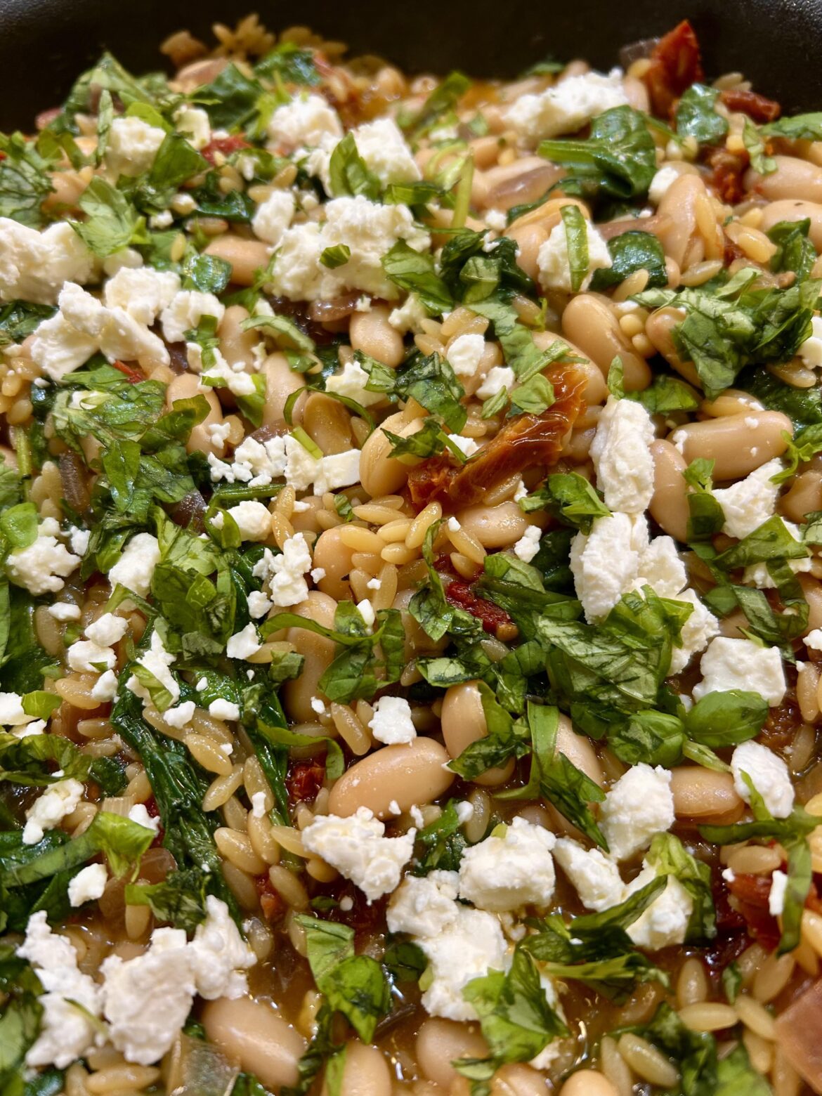 White Bean, Spinach & Sun-Dried Tomato Orzo with Lemon & Feta