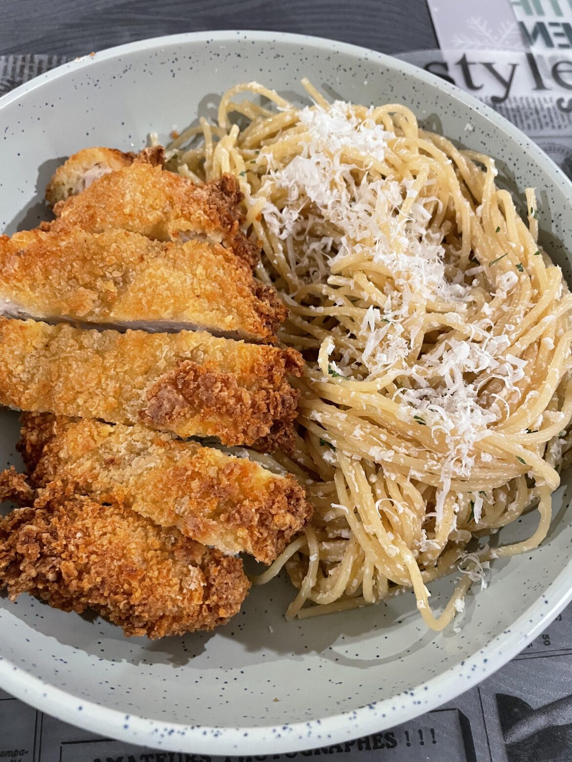 mizithra pasta w/ chicken katsu