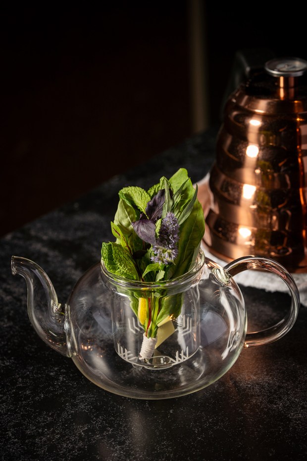 A pot of botanical infusion tea is served with a...