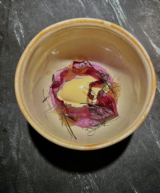 Uni ice cream with Japanese sweet potato ribbons, mushroom gelee,...