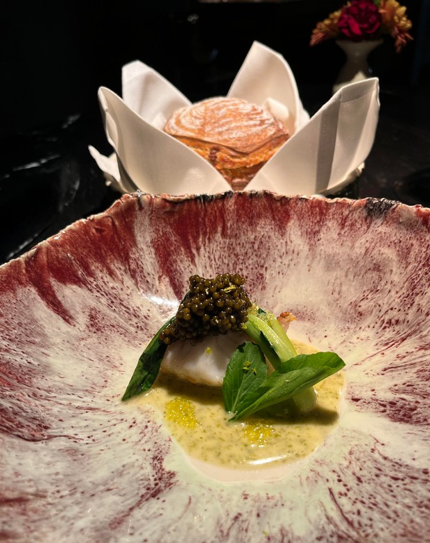 Aged Pacific thornyhead fish with seaweed, N25 Kaluga hybrid caviar...