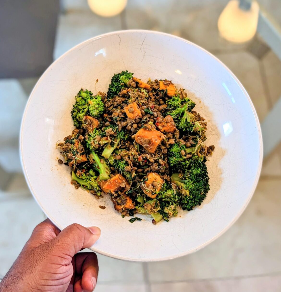 Lentil broccoli and sweet potato hash spiced with cumin and pepper. And they say plant-based can't be filling!
