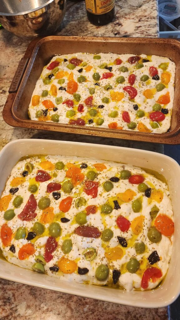 Focaccia w/ olives, black garlic, tomatoes