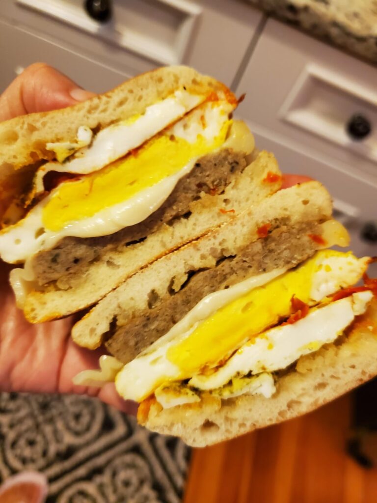 Made some breakfast sandwiches for next day using what I had. Sausage egg cheese on sourdough English muffins.