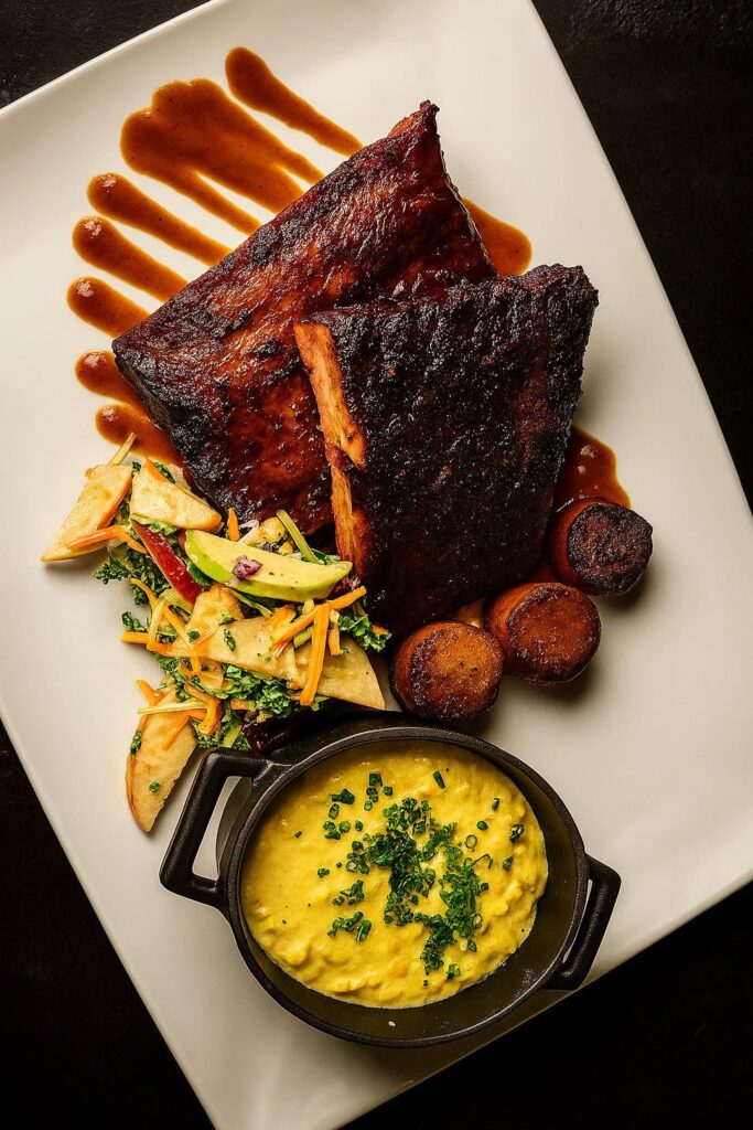 Smoked Pork Ribs, Blood Orange BBQ, Pickled Apple Coleslaw,BBQ Fondant Potatoes, Jalapeño Creamed Corn