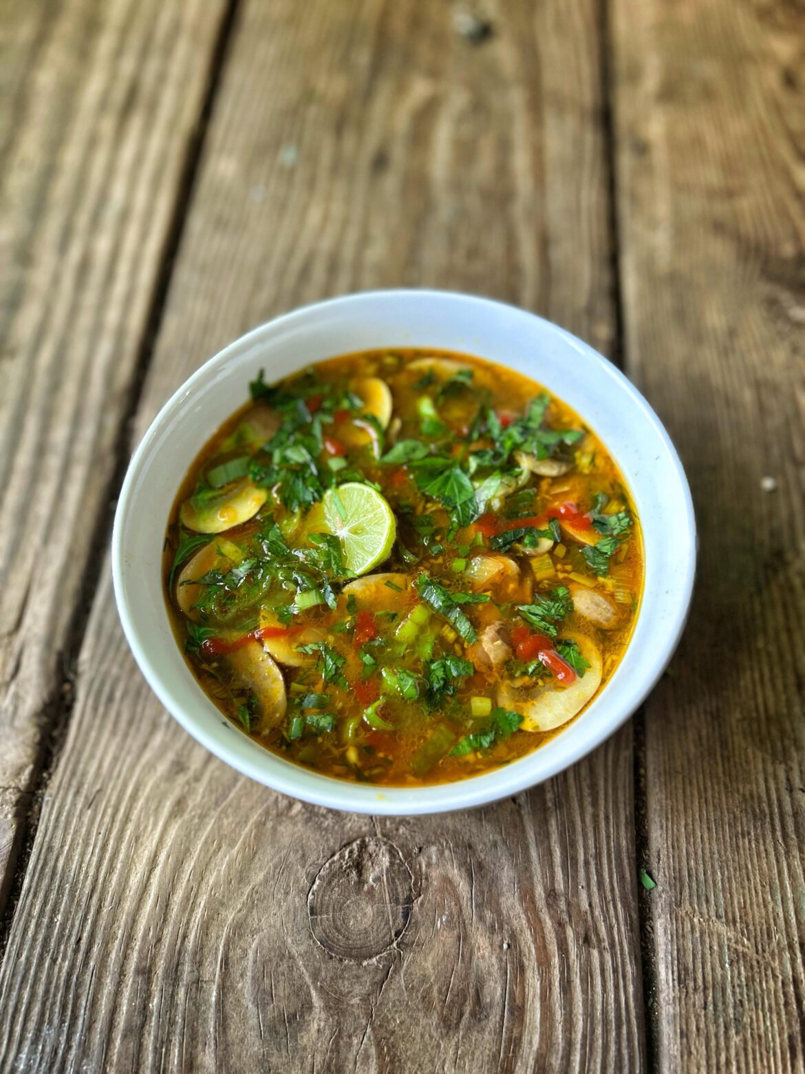 Homemade black garlic lemon ginger chicken and mushroom soup [OC]