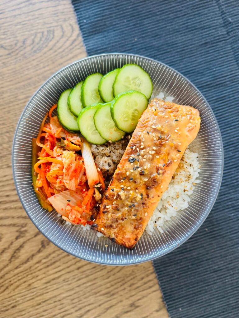 sticky miso salmon bowl with kimchi