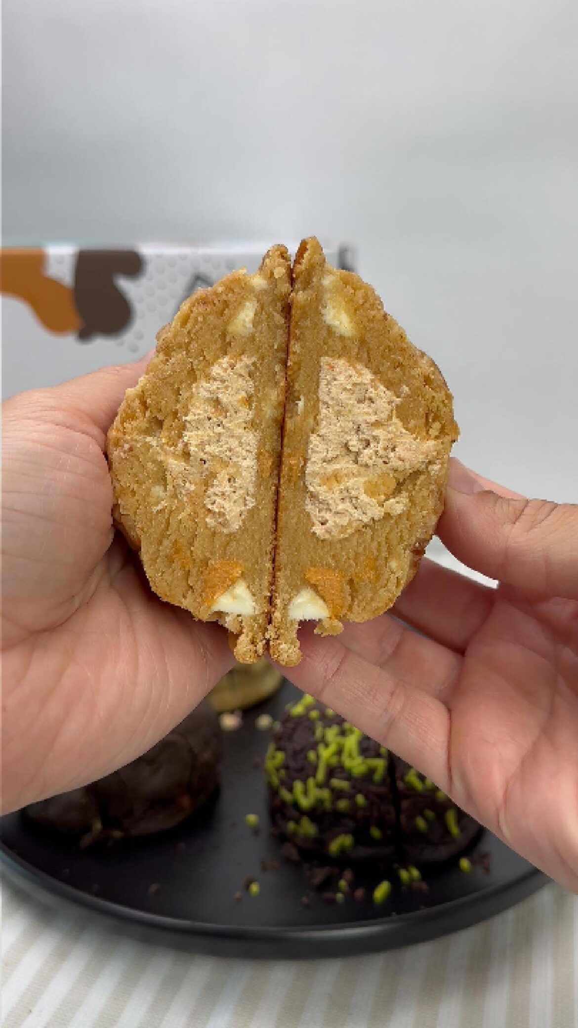 Butterscotch brown sugar cookie stuffed with white chocolate chips, butterscotch chips, and a butterscotch creme core