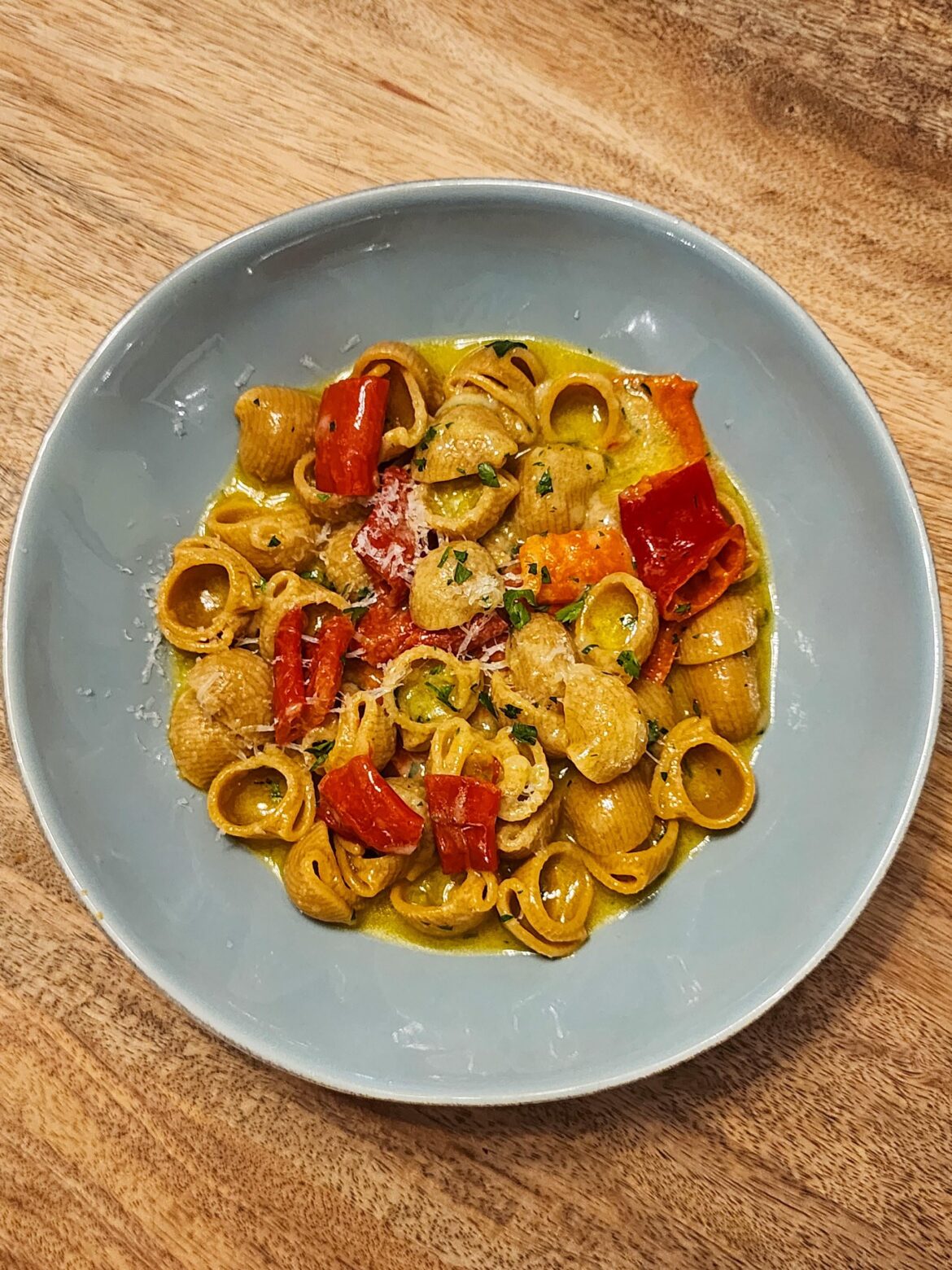 Calabrian Chili Lumache with Jimmy Nardello peppers, pepperoncini, pecorino and parsley