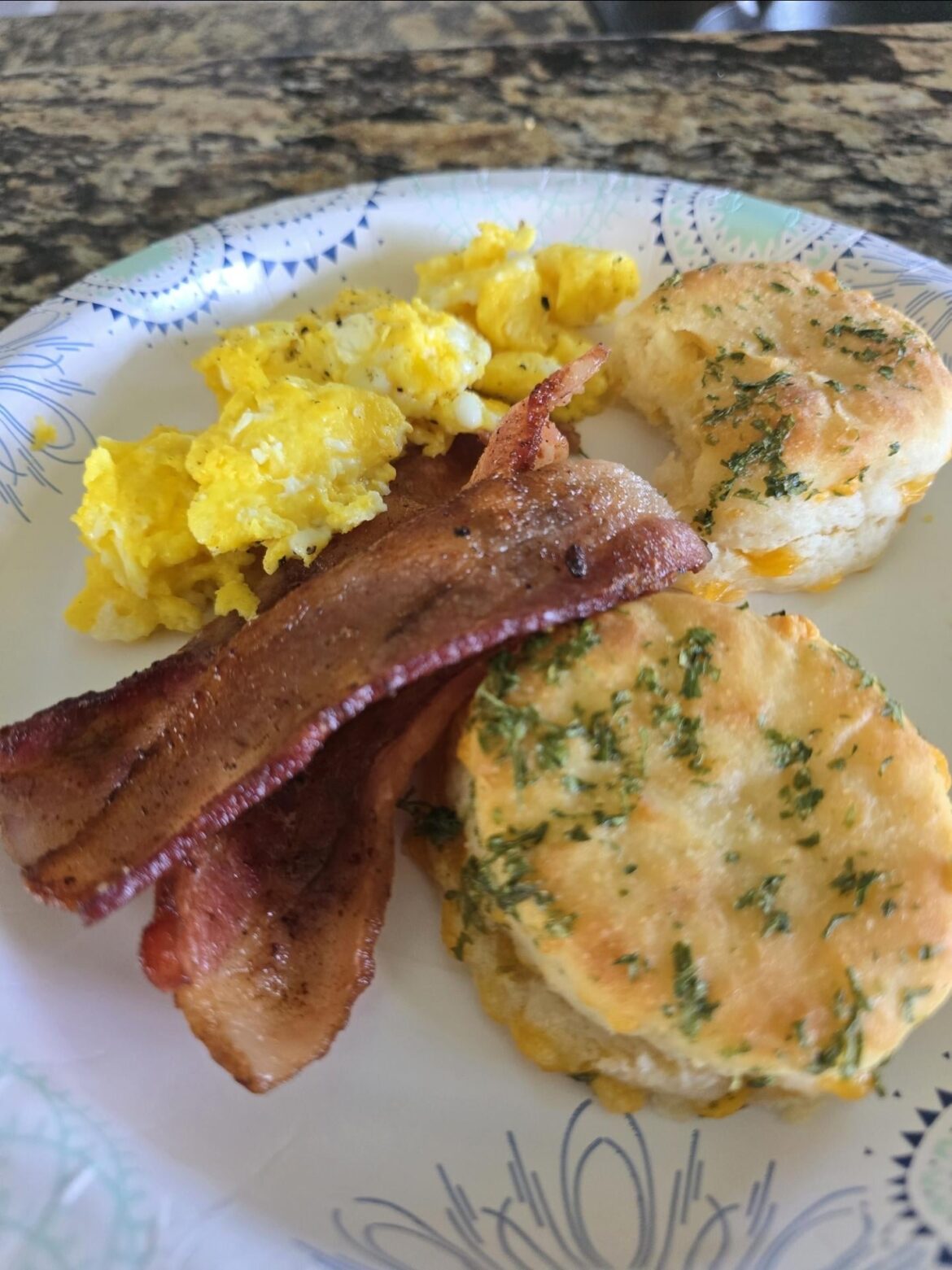 Cheddar bay biscuits with bacon and eggs