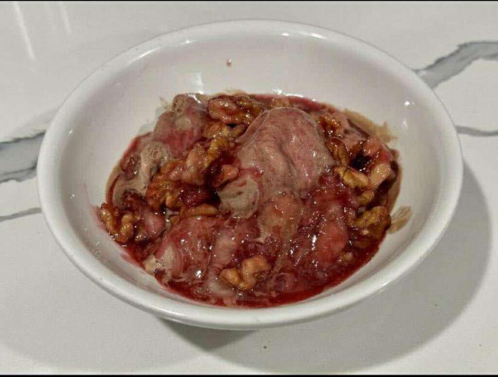 Chocolate ice cream with bananas and walnuts in a raspberry habanero glaze...apparently.