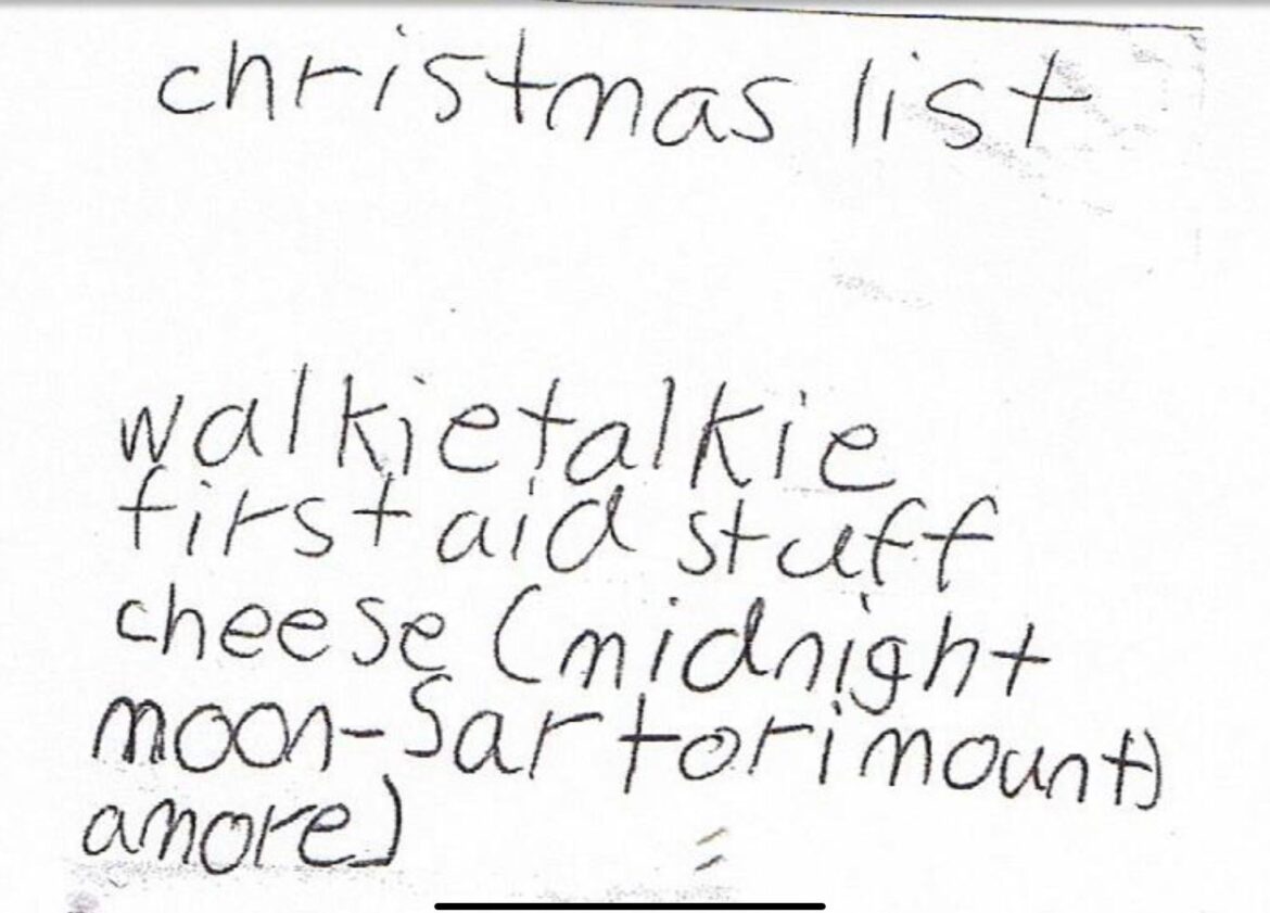 Cheese loving child's Christmas list.