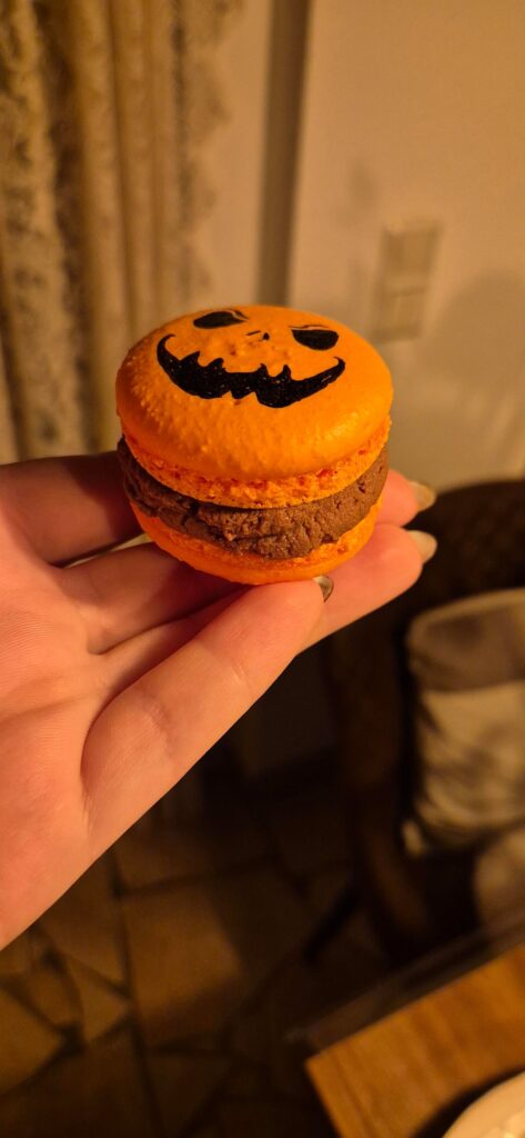 Spooky Macarons with whipped chocolate ganache and a soft caramel core