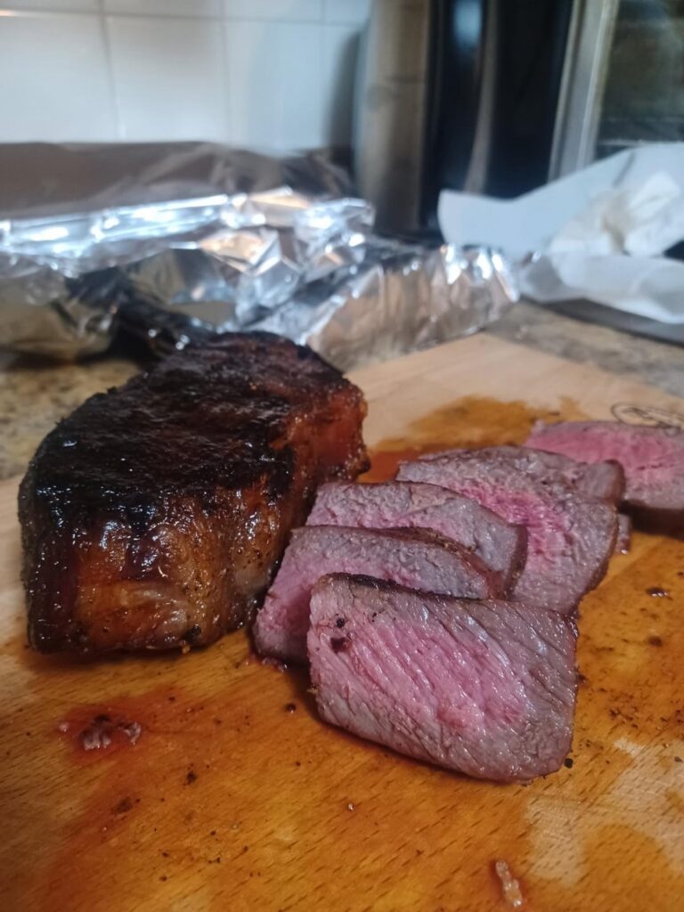Dry salt brined thick sirloins. Simple dinner for my senior dad.