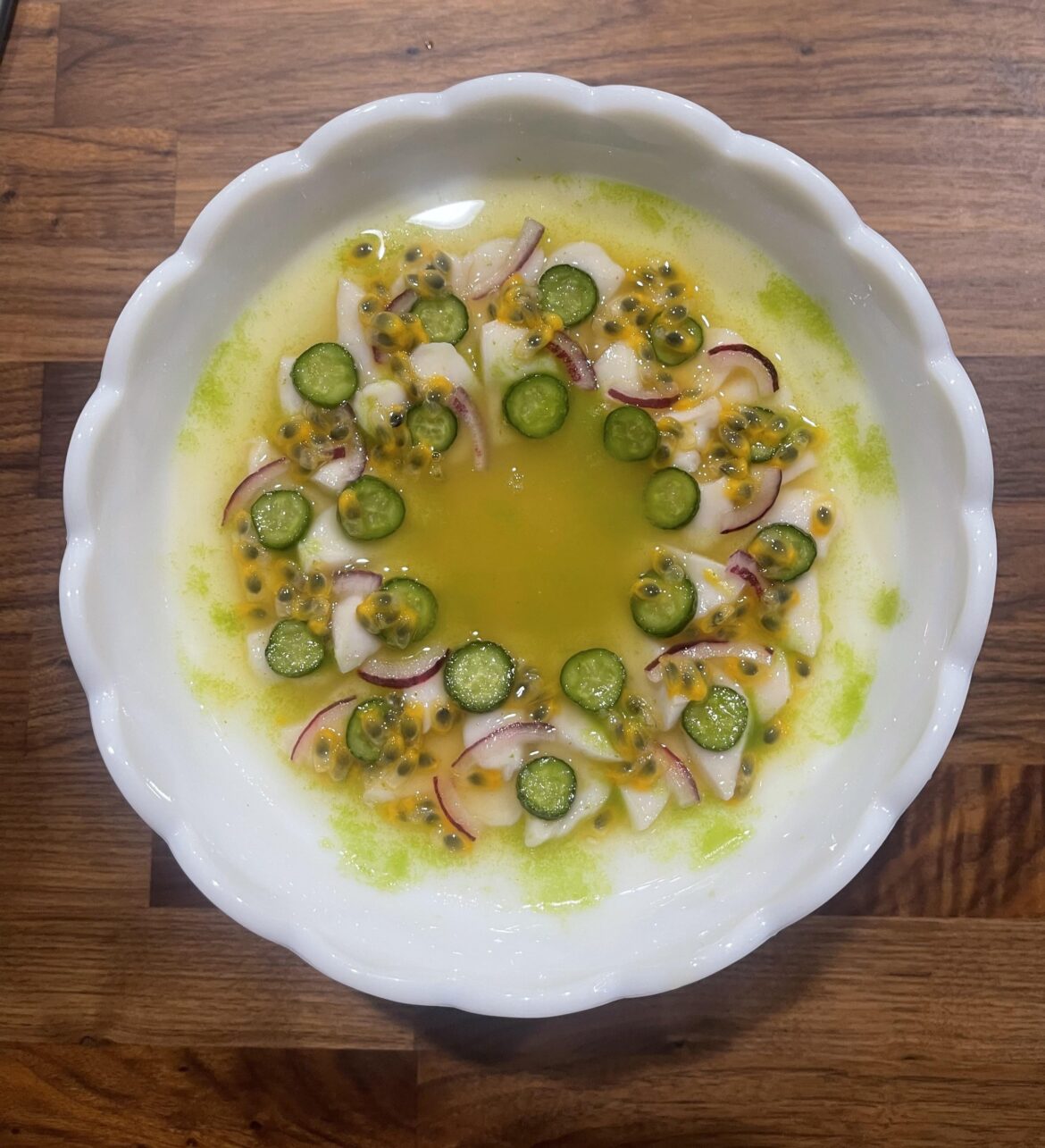 [OC] Scallop ceviche with passion fruit leche de tigre, red onion, cucumber, and jalapeño cilantro oil