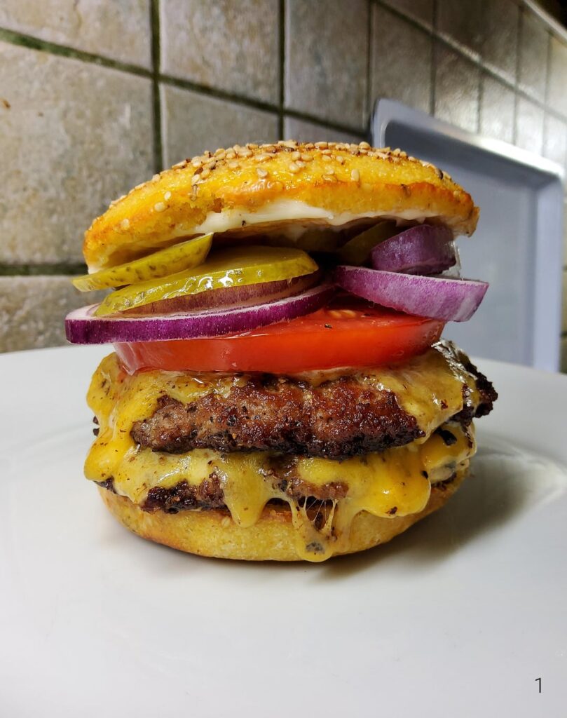 [homemade] sourdough wheat and polenta hamburger buns and a double cheeseburger