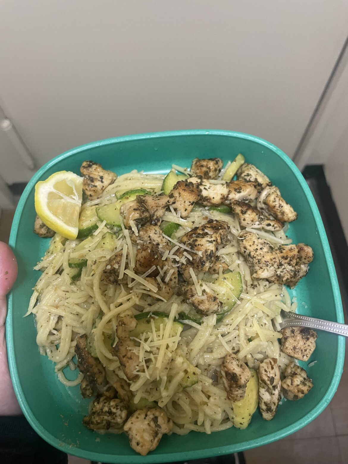 Italian chicken over lemony spaghetti w/zucchini Italian chicken over lemony spaghetti w/zucchini