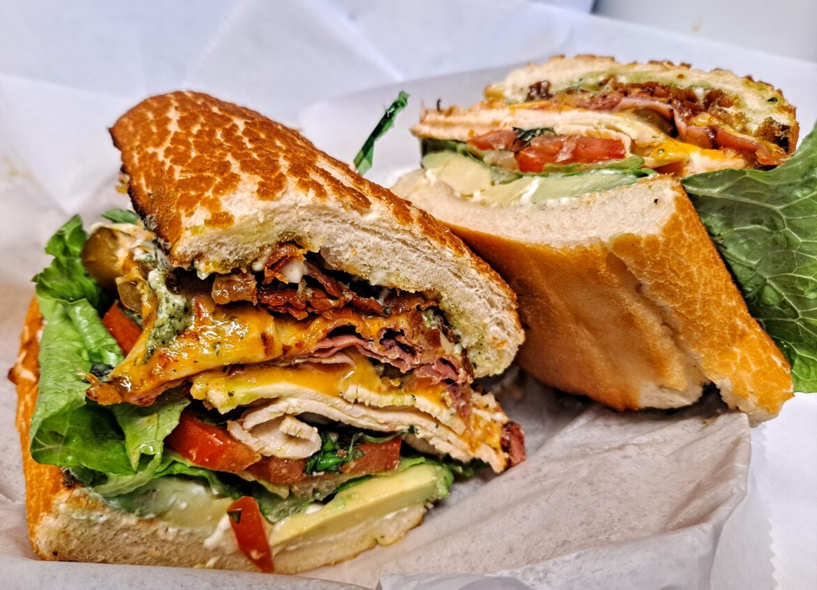 Grilled chicken & pastrami on Dutch crunch, hot & toasted.