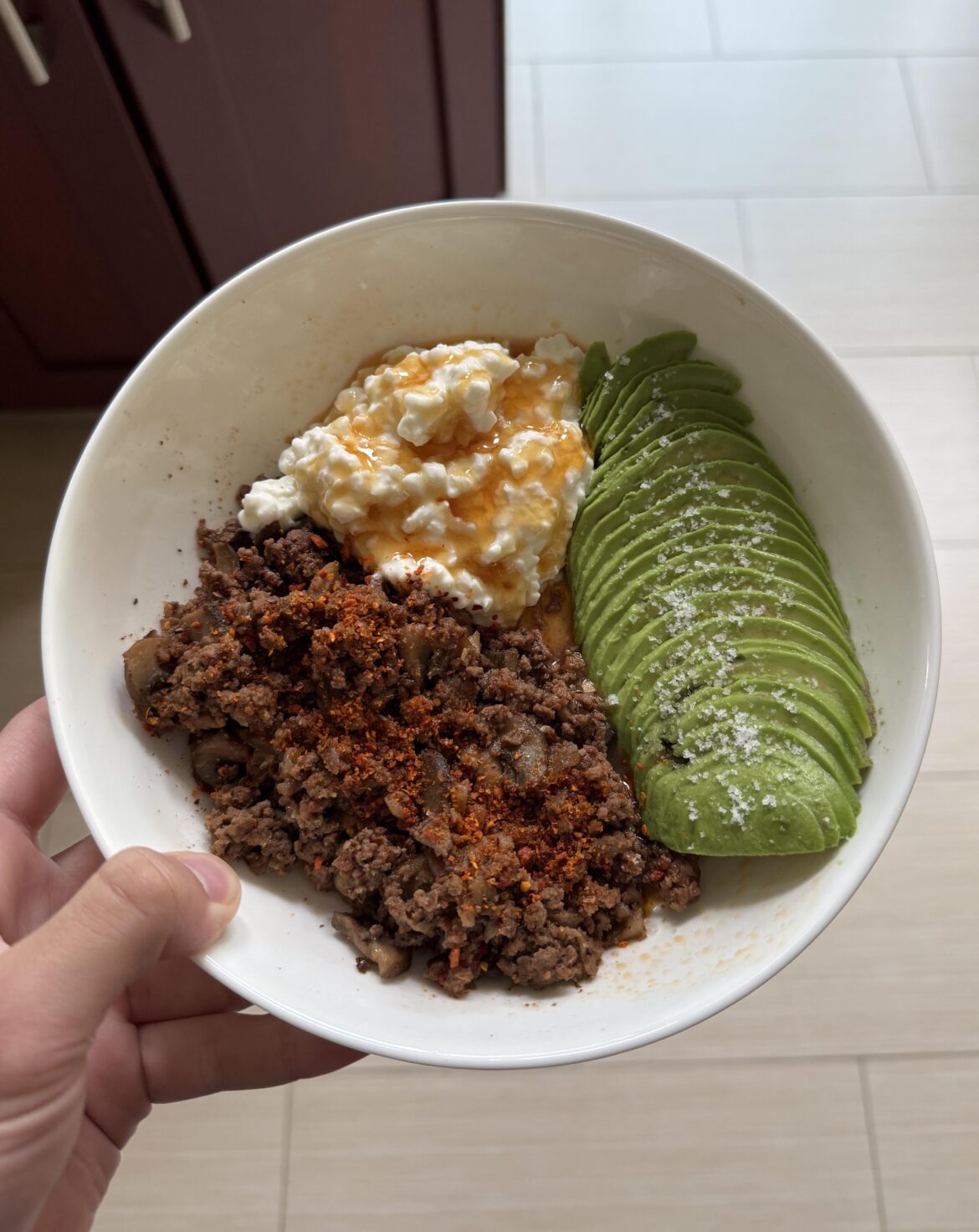 Ground beef, avocado, cottage cheese bowl