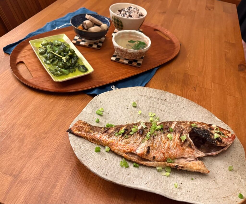 Okuizome with whole broiled snapper and sides for my 100 day old baby