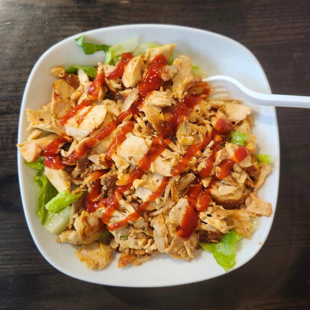 Cal estimate for this chicken shawarma salad and the fries (bottom of the second picture)? Im thinking 850