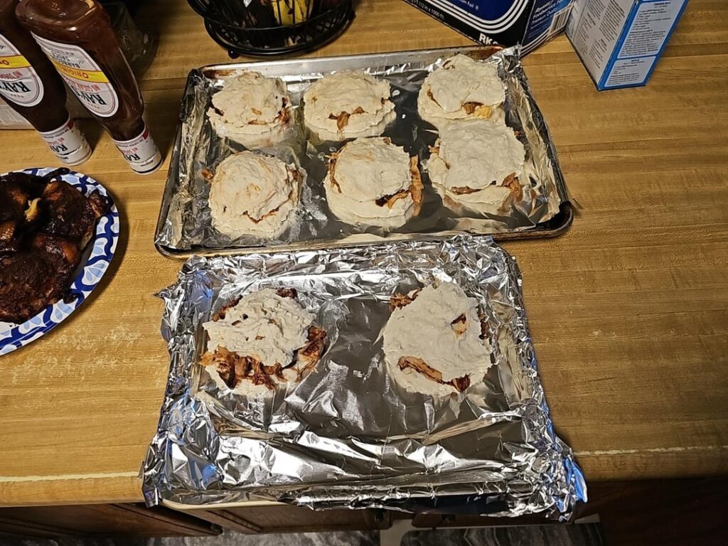Pulled smoke chicken biscuits before and after.