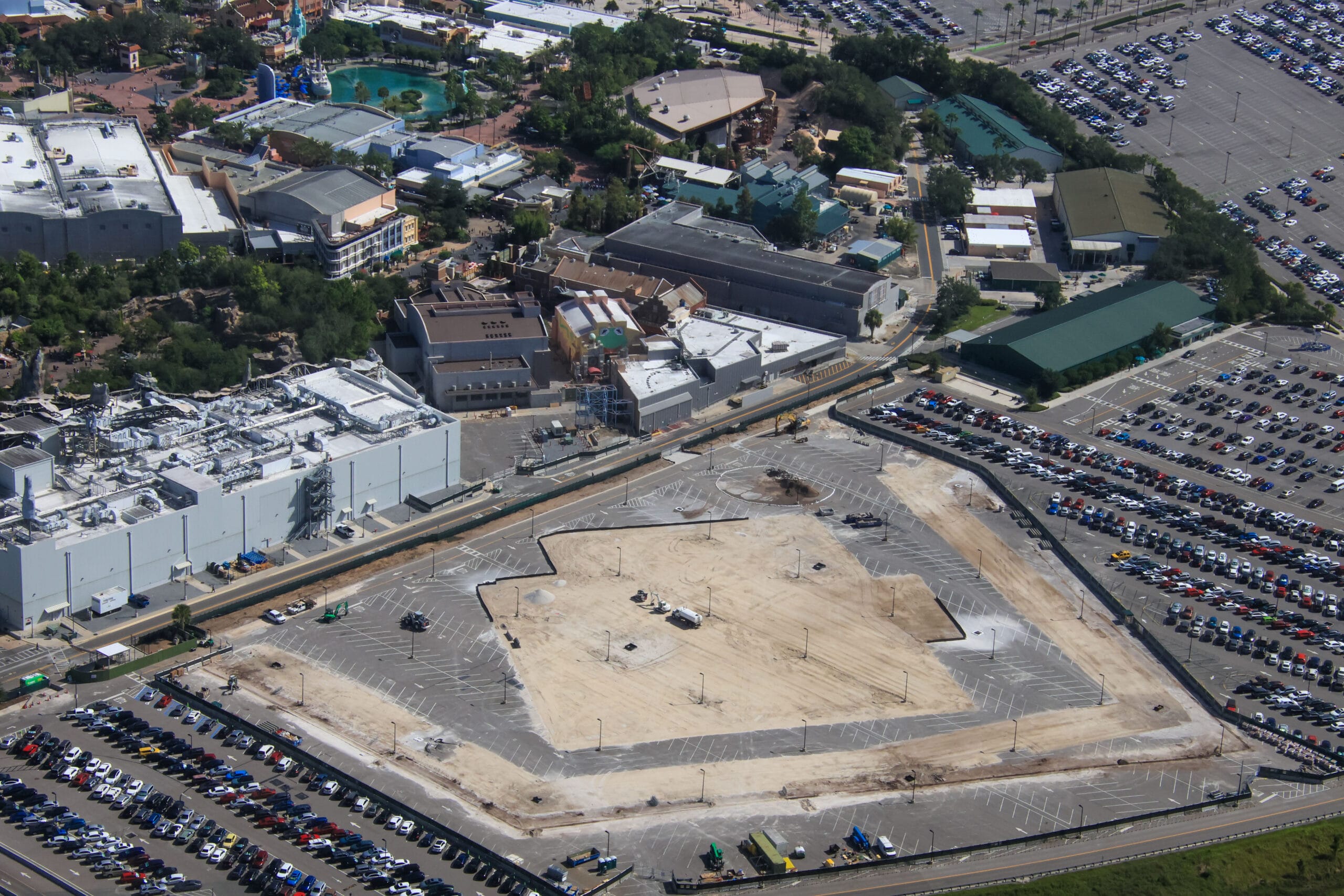 Aerial view of demolition at a construction site in Disney's Hollywood Studios near Muppets Courtyard.